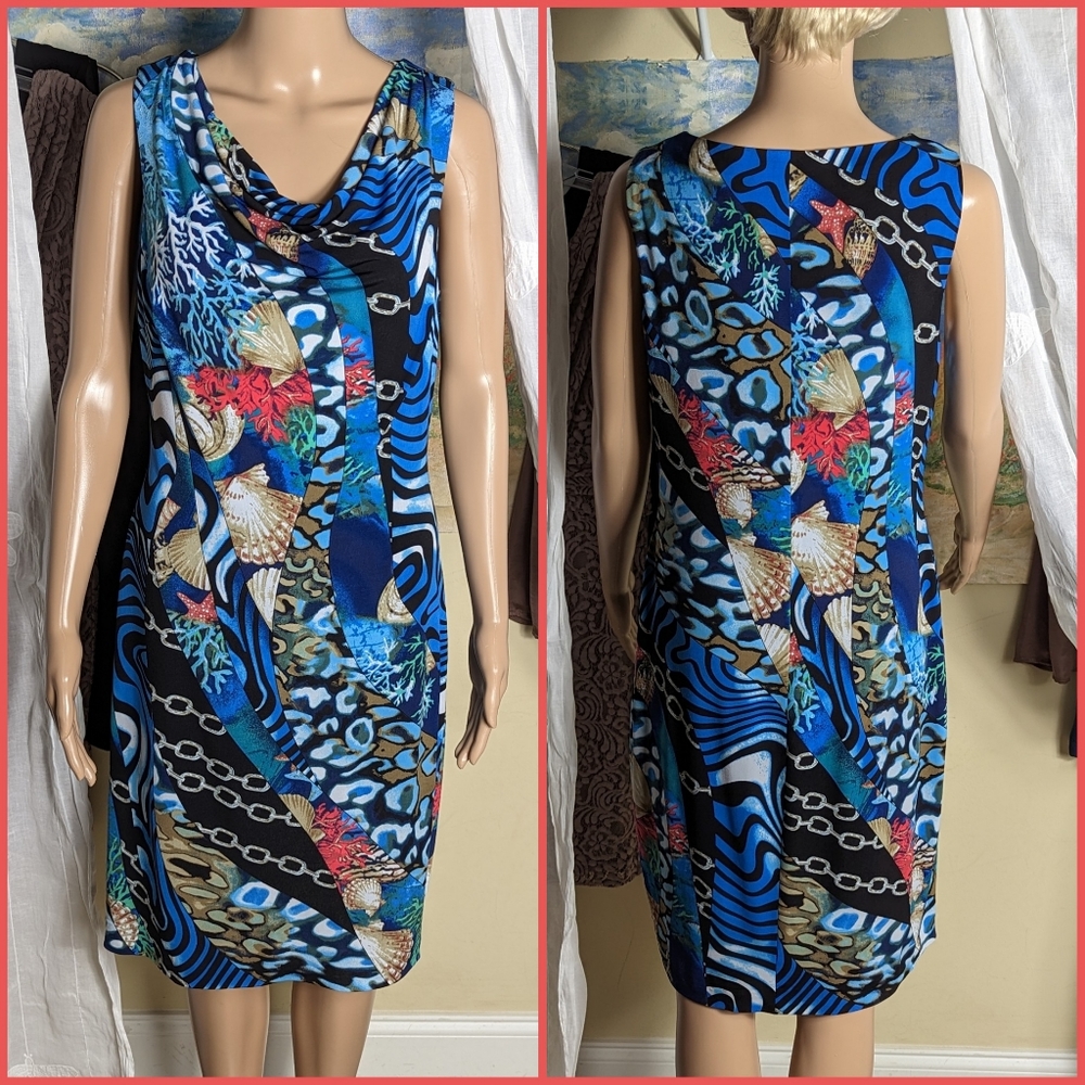 Cach'e Cashe animal sealife shift dress blue sz M
